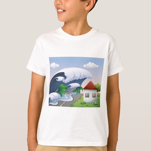 津波が沿岸の道路に押し寄せる 熱帯低気圧 Tシャツ (正面)