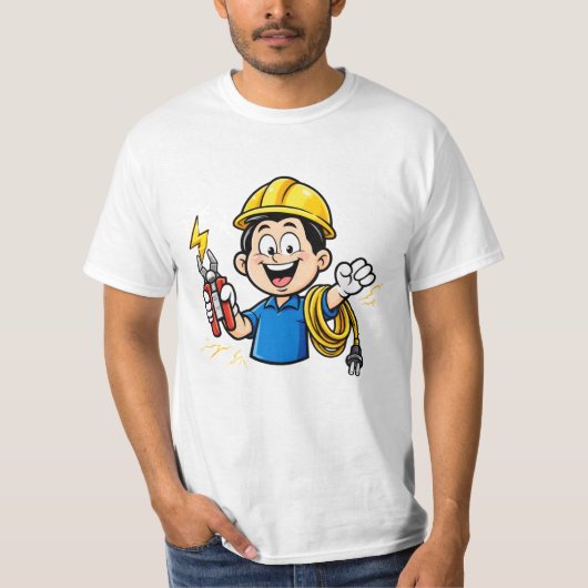 活き活きとした電気技師マスコット 雷 カートゥーンアート Tシャツ (正面)