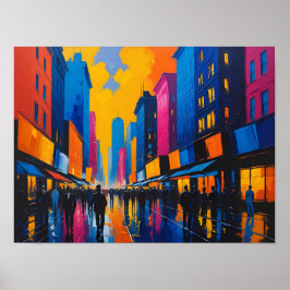 活気に満ちたシティストリートの夜の絵画 ポスター