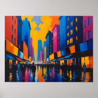 活気に満ちたシティストリートの夜の絵画 ポスター