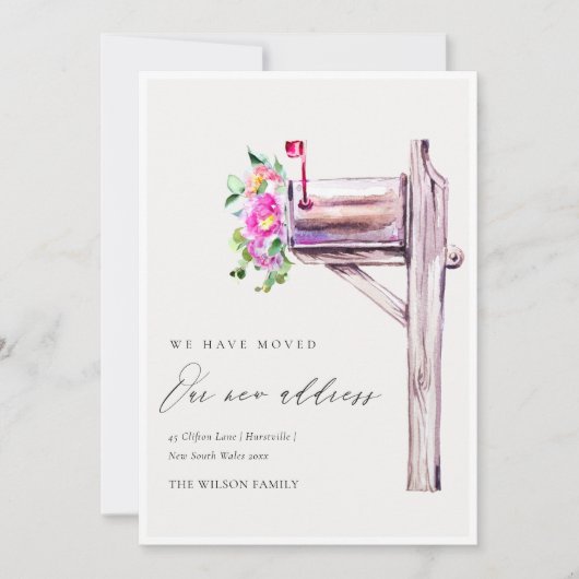 活気のあるピンクのフローラメールボックス私たちはカードを移動した サンキューカード (正面)