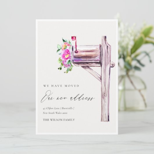 活気のあるピンクのフローラメールボックス私たちはカードを移動した サンキューカード (スタンド正面)