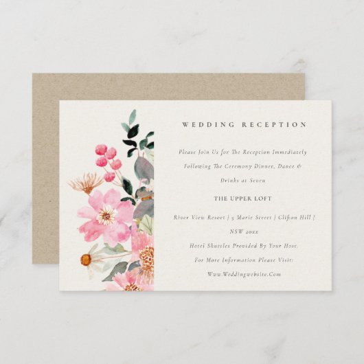 活気のあるピンクの水彩フローラ結婚披露宴 エンクロージャーカード (正面/裏面)