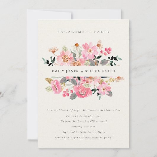 活気のあるピンクウォーターカラーフローラ婚約招待状 サンキューカード (正面)