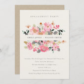 活気のあるピンクウォーターカラーフローラ婚約招待状 サンキューカード (正面/裏面)