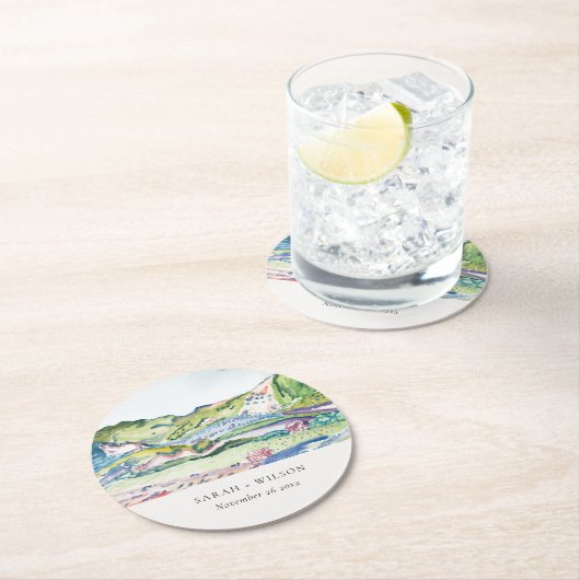 活気のあるマウンテンスケープ赤面ウォーター結婚カラー ラウンドペーパーコースター (インサイチュ)