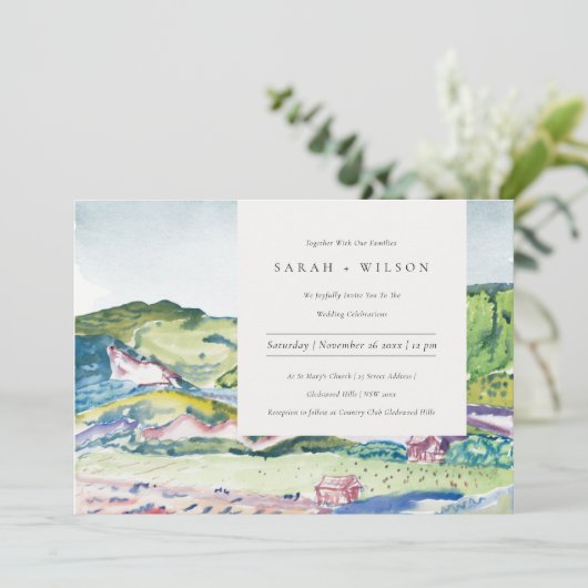 活気のある山の風景赤面グリーンウェディング招待 サンキューカード (スタンド正面)