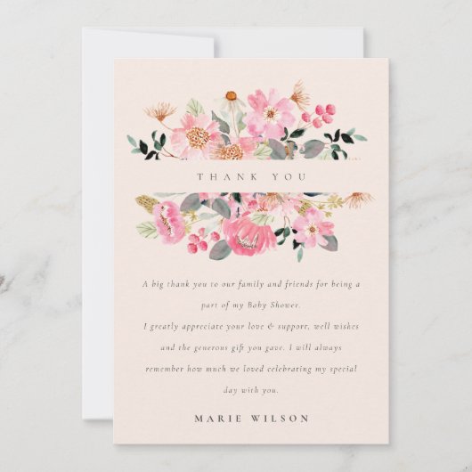 活気のある赤面ピンクウォーターカラーフローラベビーシャワー サンキューカード (正面)