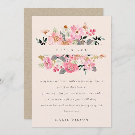 活気のある赤面ピンクウォーターカラーフローラベビーシャワー サンキューカード (正面/裏面)