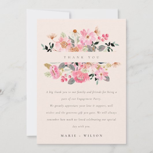活気のある赤面ピンクウォーターカラーフローラ婚約 サンキューカード (正面)