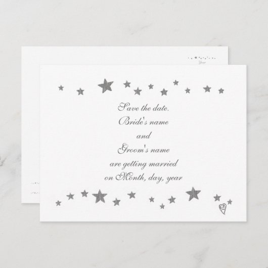 活気のある銀縁ど星の結婚式の日付を保存 案内ポストカード (正面/裏面)