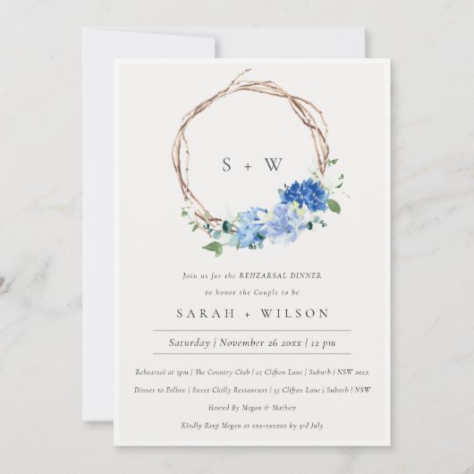 活気のある青の緑の葉リハーサルディナー招待状 サンキューカード (正面)