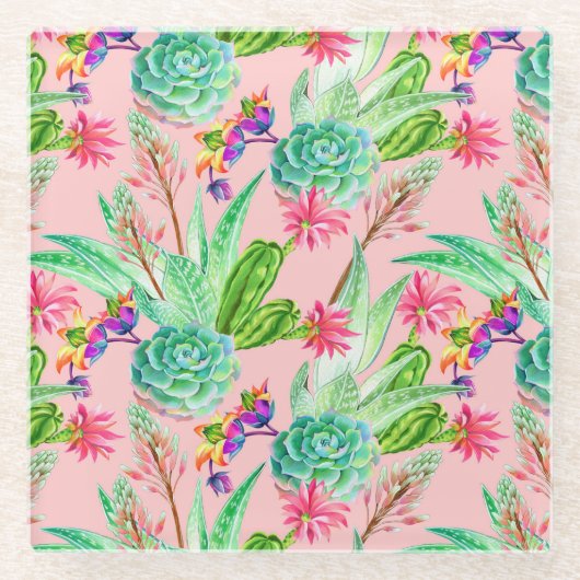 活気付く水彩画のSucculentsパターン ガラスコースター (正面)