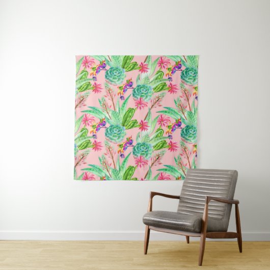 活気付く水彩画のSucculentsパターン タペストリー (インサイチュ(横))