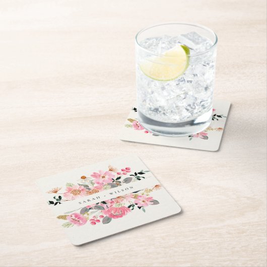 活気素朴のある赤面ピンクウォーターカラーフローラ結婚ズ スクエアペーパーコースター (インサイチュ)