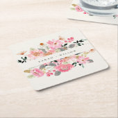 活気素朴のある赤面ピンクウォーターカラーフローラ結婚ズ スクエアペーパーコースター (アングル)