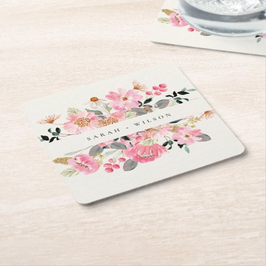 活気素朴のある赤面ピンクウォーターカラーフローラ結婚ズ スクエアペーパーコースター (アングル)