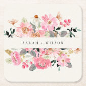 活気素朴のある赤面ピンクウォーターカラーフローラ結婚ズ スクエアペーパーコースター (正面)