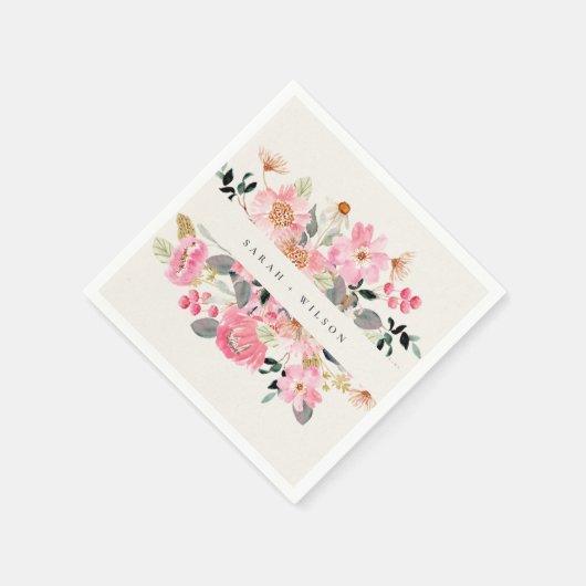 活気素朴のある赤面ピンクウォーターカラーフローラ結婚ズ スタンダードカクテルナプキン (角)