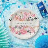 活気素朴のある赤面ピンクウォーターカラーフローラ結婚ズ ペーパープレート (パーティー)