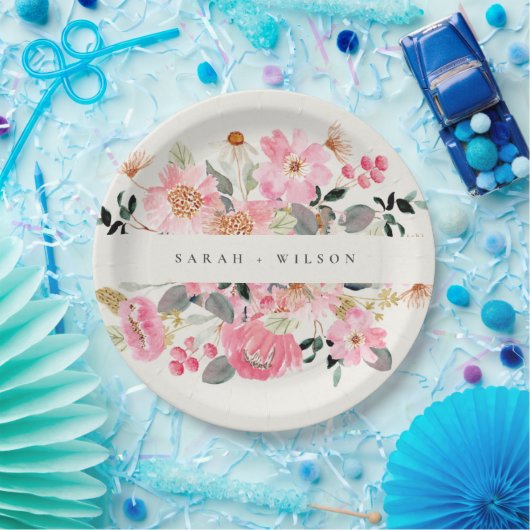 活気素朴のある赤面ピンクウォーターカラーフローラ結婚ズ ペーパープレート (パーティー)