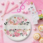 活気素朴のある赤面ピンクウォーターカラーフローラ結婚ズ ペーパープレート (パーティー)