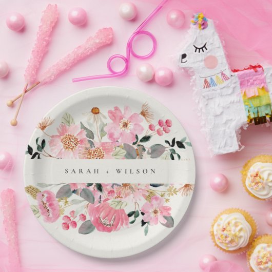 活気素朴のある赤面ピンクウォーターカラーフローラ結婚ズ ペーパープレート (パーティー)