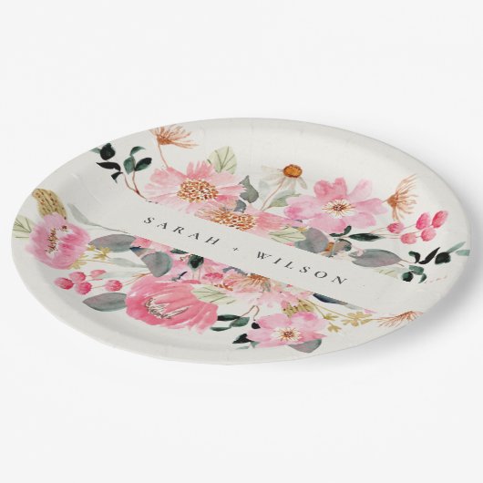 活気素朴のある赤面ピンクウォーターカラーフローラ結婚ズ ペーパープレート (アングル)