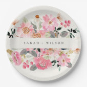 活気素朴のある赤面ピンクウォーターカラーフローラ結婚ズ ペーパープレート (正面)