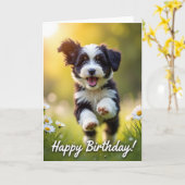 活発な子犬の誕生日カード カード (黄色い花)