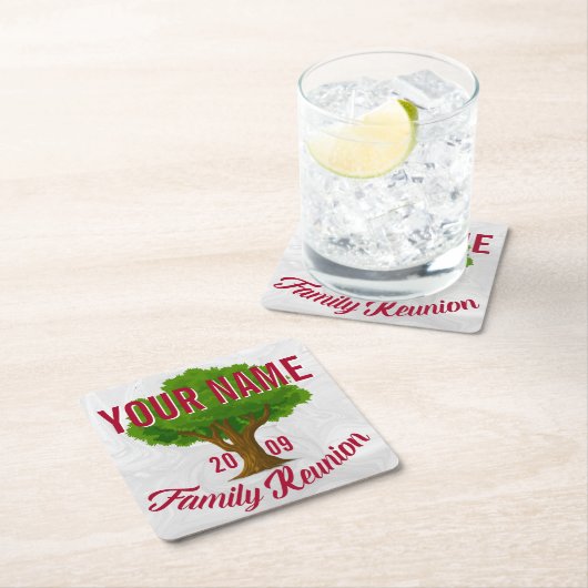 活発な木のパーソナライズな家族会 スクエアペーパーコースター (インサイチュ)