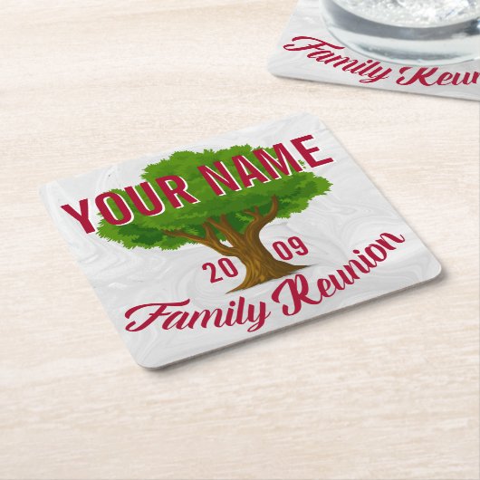 活発な木のパーソナライズな家族会 スクエアペーパーコースター (アングル)