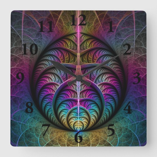 活発な構造の抽象芸術カラフルフラクタルアート スクエア壁時計 (正面)