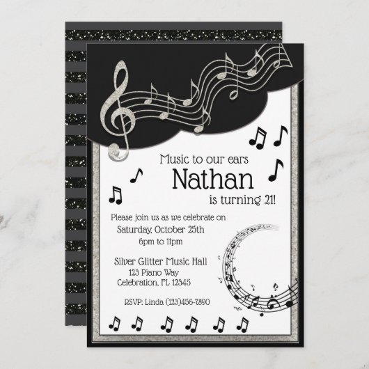 派手で黒く及び白い音符の誕生日 招待状 (正面/裏面)