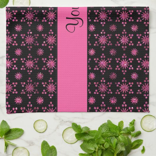 派手なきらめくショッキングピンクのグリッターの星 キッチンタオル (折り畳み)