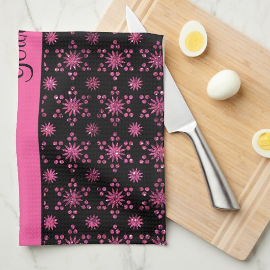 派手なきらめくショッキングピンクのグリッターの星 キッチンタオル (四つ折り)