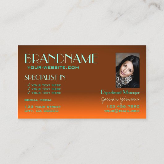 派手なオレンジとティール（緑がかった色）シックな鏡フォントと写真 名刺 (裏面)