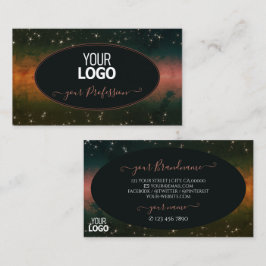 派手なカラフル銀河系とグリッタースターとロゴ 名刺