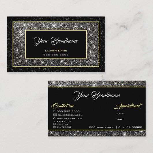 派手なシルバーグリッターソーシャルメディアとアポイントメント 名刺 (正面/裏面)