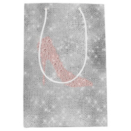 派手なシルバー ピンク ダイヤモンド ヒール ブライダルシャワー ミディアムペーパーバッグ