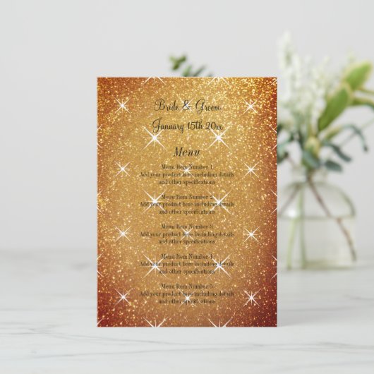 派手なスパークリー金ゴールドグリッターグラマ結婚ラス メニュー (スタンド正面)