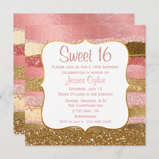 派手なピンクおよび金ゴールドの菓子16の誕生日の招待状 招待状 (正面/裏面)