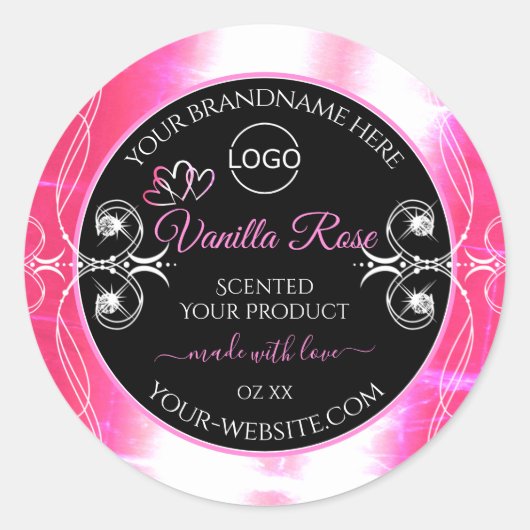 派手なピンクの目まいがする製品ラベルブラックとロゴ ラウンドシール (正面)
