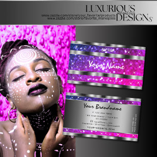 派手なピンクパープルグリッタースターズ装飾シルバー 名刺