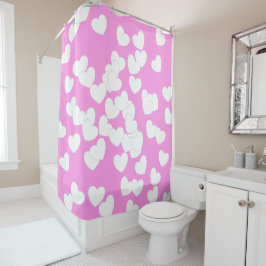 派手なピンク色と大きな白いハート シャワーカーテン
