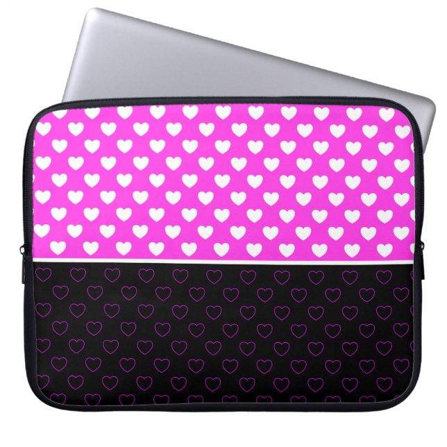 派手なピンク、黒、白のハートパター女の子らしン ラップトップスリーブ (正面)