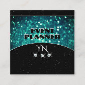 派手なブラックティール(緑がかった色)きらめくグリッターとモノグラム スクエア名刺 (正面)