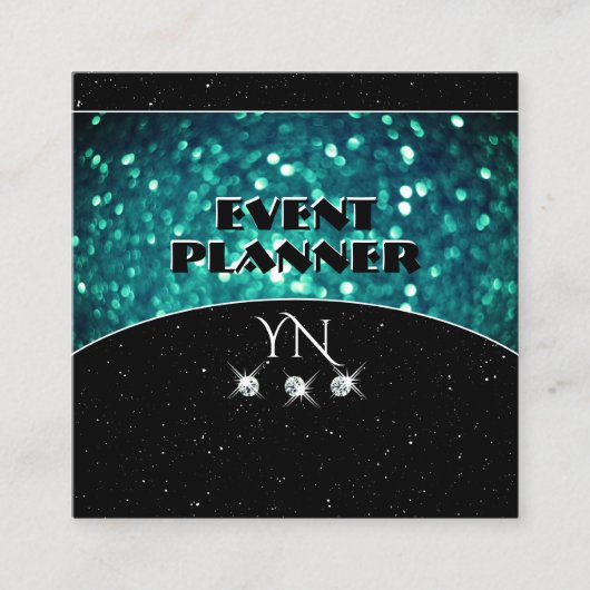 派手なブラックティール(緑がかった色)きらめくグリッターとモノグラム スクエア名刺 (正面)