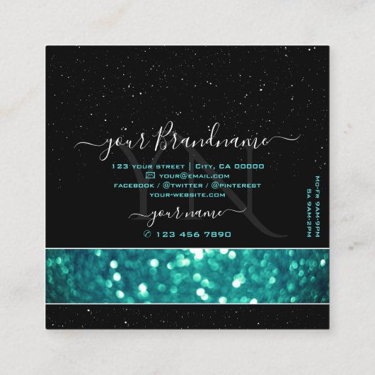 派手なブラックティール(緑がかった色)きらめくグリッターとモノグラム スクエア名刺 (裏面)