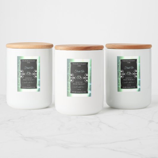 派手なライトティール(緑がかった色)と黒い製品ラベル宝石 フードラベル (ボトル)